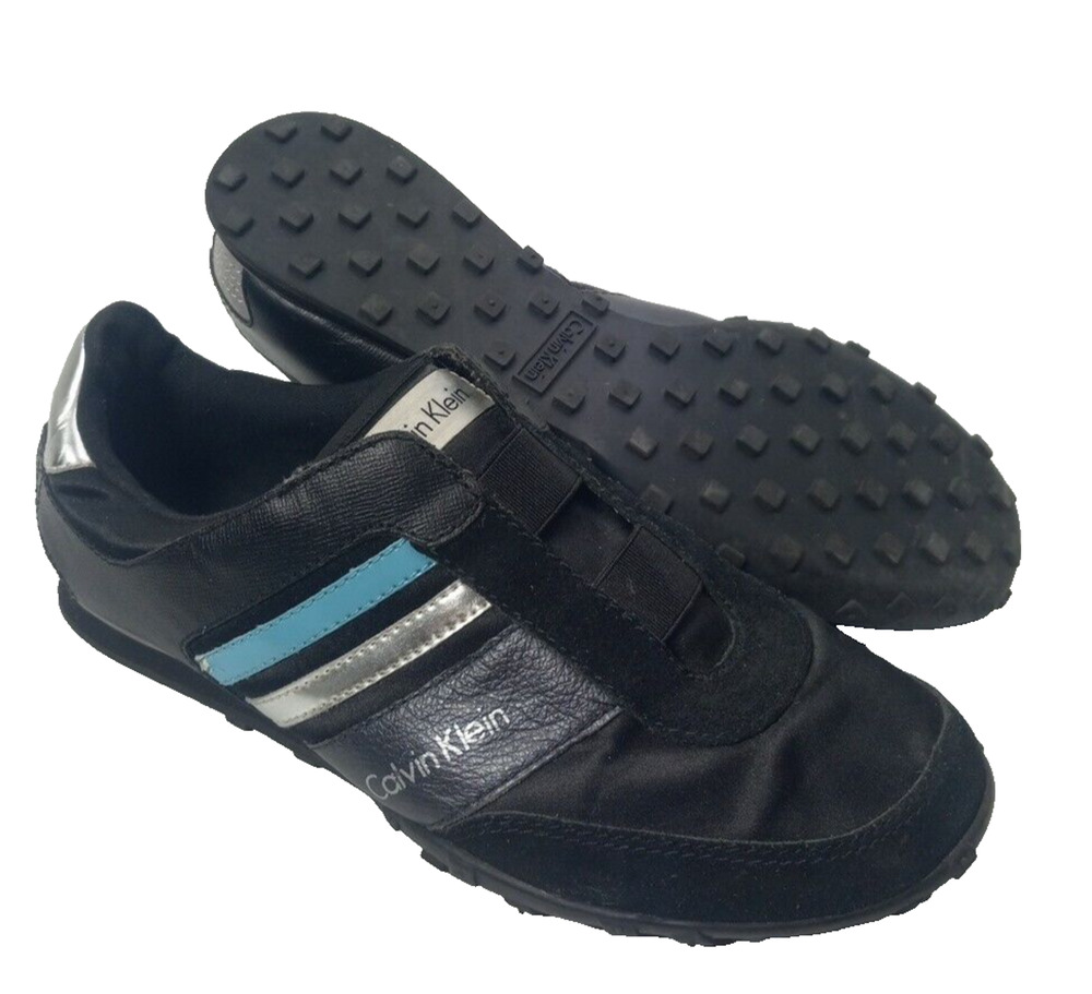 Calvin Klein Slip On Shoes Sneakers Black Silver Blue Womens Sz 7 M